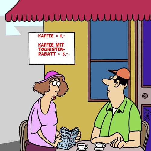 Cartoon: Touristen-Rabatt (medium) by Karsten Schley tagged tourismus,reisen,urlaub,ferien,gastronomie,preise,geld,business,wirtschaft,tourismus,reisen,urlaub,ferien,gastronomie,preise,geld,business,wirtschaft