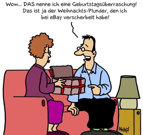 Cartoon: Überraschung (medium) by Karsten Schley tagged weihnachten,geburtstag,geschenke,ebay,online,shopping,internet,liebe,beziehungen,ehe,männer,frauen,weihnachten,geburtstag,ebay,shopping,internet,liebe,online,beziehungen