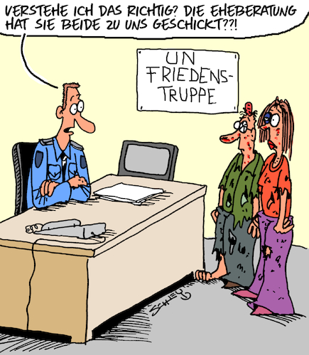 Cartoon: UN-Friedenstruppe (medium) by Karsten Schley tagged ehe,ehestreit,eheberatung,ehepaare,liebe,männer,frauen,un,frieden,friedenstruppen,ehe,ehestreit,eheberatung,ehepaare,liebe,männer,frauen,un,frieden,friedenstruppen