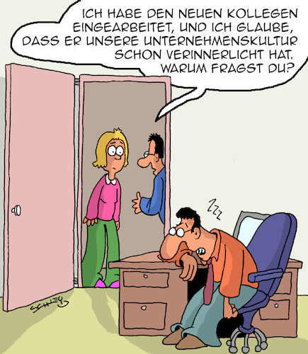 Cartoon: Unternehmenskultur (medium) by Karsten Schley tagged wirtschaft,business,jobs,büro,kollegen,einarbeitung,unternehmenskultur,ethik,erfolg,wirtschaft,business,jobs,büro,kollegen,einarbeitung,unternehmenskultur,ethik,erfolg