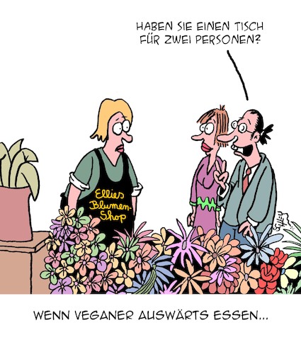 Cartoon: Veganes Essen (medium) by Karsten Schley tagged veganer,ernährung,gastronomie,umwelt,tierwohl,mode,verkäufer,kunden,pflanzen,veganer,ernährung,gastronomie,umwelt,tierwohl,mode,verkäufer,kunden,pflanzen