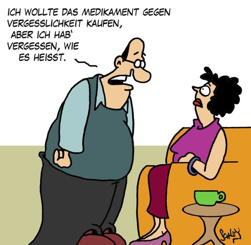 Cartoon: Vergesslich (medium) by Karsten Schley tagged gesundheit,männer,frauen,vergesslichkeit,erinnerung,ehe,medizin,alzheimer,gesundheit,männer,frauen,vergesslichkeit,erinnerung,ehe,medizin,alzheimer