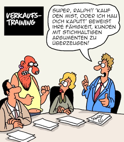 Cartoon: Verkaufstraining (medium) by Karsten Schley tagged kommunikation,verkaufen,kunden,argumente,verkäuferinnen,umsätze,wirtschaft,außendienst,kommunikation,verkaufen,kunden,argumente,verkäuferinnen,umsätze,wirtschaft,außendienst