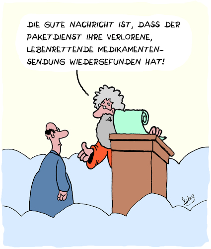 Cartoon: Verloren... (medium) by Karsten Schley tagged ecommerce,onlinehandel,transport,wirtschaft,krankheiten,gesundheit,medikamente,pharmazie,leben,tod,religion,himmel,paketdienste,gesellschaft,ecommerce,onlinehandel,transport,wirtschaft,krankheiten,gesundheit,medikamente,pharmazie,leben,tod,religion,himmel,paketdienste,gesellschaft