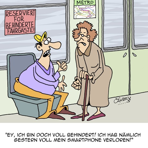 Cartoon: Voll behindert!! (medium) by Karsten Schley tagged busse,verkehrsmittel,transport,öpvn,bahnen,gesundheit,behinderungen,alter,senioren,benehmen,smartphones,jugend,öpvn,transport,verkehrsmittel,busse,bahnen,gesundheit,behinderungen,alter,senioren,benehmen,smartphones,jugend