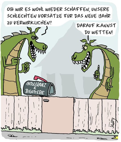 Cartoon: Vorsätze (medium) by Karsten Schley tagged vorsätze,bigotterie,intoleranz,politik,religion,extremismus,sozialmedien,diskurse,gesellschaft,vorsätze,bigotterie,intoleranz,politik,religion,extremismus,sozialmedien,diskurse,gesellschaft