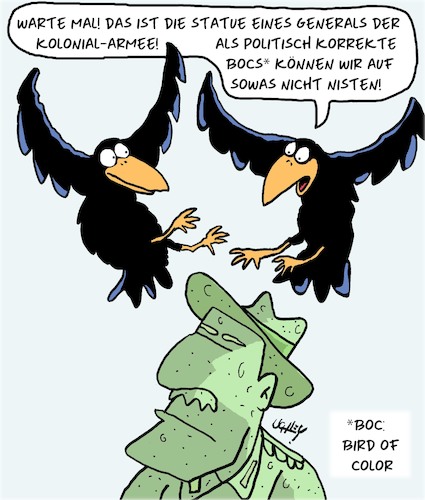 Cartoon: Warte mal!! (medium) by Karsten Schley tagged militär,kolonien,rassismus,people,of,color,statuen,denkmäler,geschichte,geschichtsaufarbeitung,politische,korrektheit,politik,tiere,raben,gesellschaft,militär,kolonien,rassismus,people,of,color,statuen,denkmäler,geschichte,geschichtsaufarbeitung,politische,korrektheit,politik,tiere,raben,gesellschaft