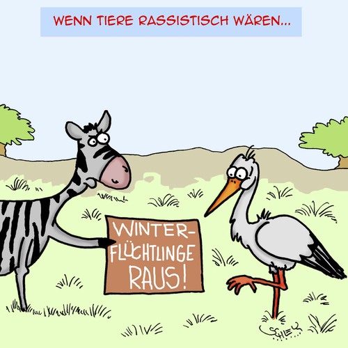 Cartoon: Was wäre wenn... (medium) by Karsten Schley tagged rassismus,tiere,natur,migration,flüchtlinge,jahreszeiten,winter,umwelt,politik,rassismus,tiere,natur,migration,flüchtlinge,jahreszeiten,winter,umwelt,politik