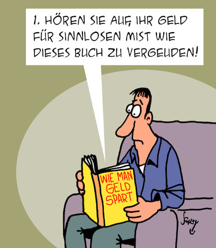 Cartoon: Wie man GELD spart (medium) by Karsten Schley tagged geld,ratgeber,bücher,literatur,verschwendung,sparen,verbraucher,preise,preissteigerung,inflation,medien,gesellschaft,geld,ratgeber,bücher,literatur,verschwendung,sparen,verbraucher,preise,preissteigerung,inflation,medien,gesellschaft