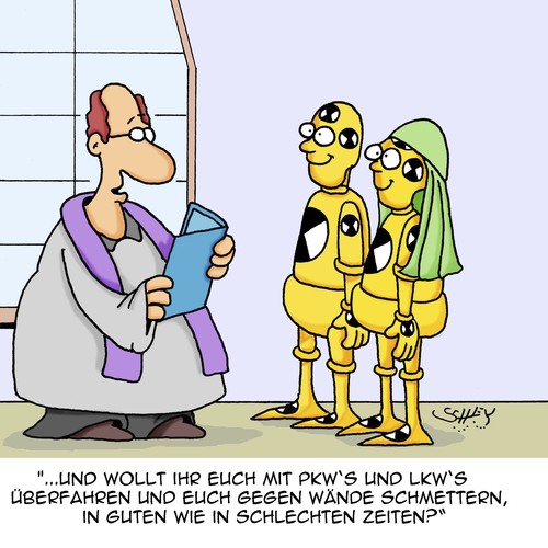 Cartoon: Wollt ihr... (medium) by Karsten Schley tagged liebe,ehe,heirat,kirche,religion,wissenschaft,forschung,crash,test,dummies,unfallforschung,autoindustrie,sicherheit,liebe,ehe,heirat,kirche,religion,wissenschaft,forschung,crash,test,dummies,unfallforschung,autoindustrie,sicherheit