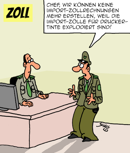 Cartoon: Zölle (medium) by Karsten Schley tagged wirtschaft,import,export,zölle,gebühren,strafzölle,kosten,politik,usa,europa,handel,handelskrieg,verbraucher,gesellschaft,wirtschaft,import,export,zölle,gebühren,strafzölle,kosten,politik,usa,europa,handel,handelskrieg,verbraucher,gesellschaft