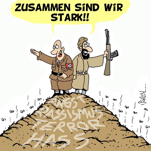 Cartoon: ZUSAMMEN sind sie stark! (medium) by Karsten Schley tagged politik,faschismus,nazis,religion,jihadisten,islamismus,islamisten,terror,hass,rassismus,politik,faschismus,nazis,religion,jihadisten,islamismus,islamisten,terror,hass,rassismus