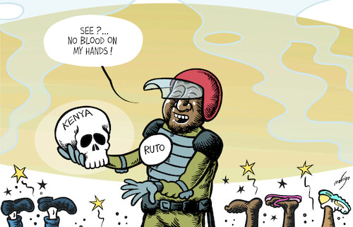 Cartoon: Ruto.s bloodless hands (medium) by rodrigo tagged kenya,africa,international,violence,politics,protesters,protests,president,nairobi,demonstrations,williamruto,ruto,youth,movement,tax,rises,economy,poverty,police,kenya,africa,international,violence,politics,protesters,protests,president,nairobi,demonstrations,williamruto,ruto,youth,movement,tax,rises,economy,poverty,police