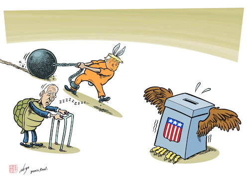 Cartoon: Sprinting to the ballot (medium) by rodrigo tagged usa,presidential,election,campaign,international,politics,trump,biden,donaldtrump,money,conviction,democrats,felonies,president,joebiden,reelection,guilty,verdict,trial,polls,republicans,donations,voters,usa,presidential,election,campaign,international,politics,trump,biden,donaldtrump,money,conviction,democrats,felonies,president,joebiden,reelection,guilty,verdict,trial,polls,republicans,donations,voters