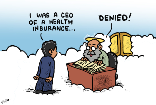 Cartoon: Denied (medium) by cartoonistzach tagged healthcare,denial,ceo,millionaire,heath,healthcare,denial,ceo,millionaire,heath