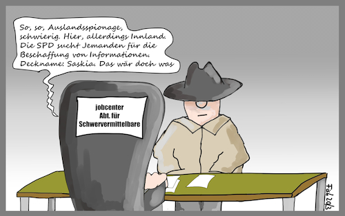 Cartoon: Auslandsspionage (medium) by Fish tagged ausland,spione,spion,agent,arbeitslosigkeit,jobcenter,saskia,esken,gg,bverfg,verfassung,gericht,verfassungsgericht