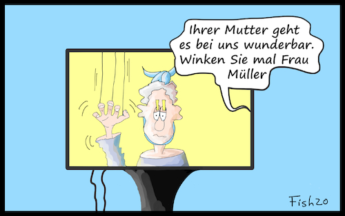 Cartoon: Besuch bei Mutti (medium) by Fish tagged corona,covid19,seuche,epidemie,pandemie,altenheime,seniorenheime,ansteckung,senioren,risikogruppe,alter,demenz,tod,mutter,angehörige,internet,youtube,wlan