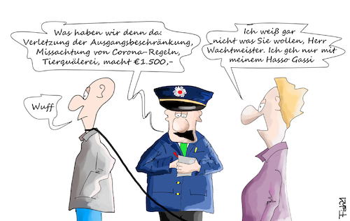 Cartoon: Gassi gehen (medium) by Fish tagged ausgangssperre,ausgangsbeschränkung,hund,hasso,tierquälerei,corona,regel,bußgeld,polizist,leine,ausgang,wachtmeister