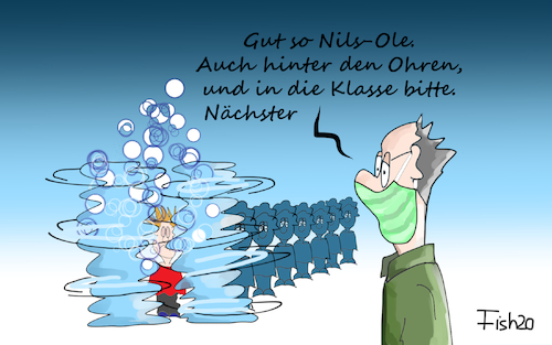 Cartoon: Schulen öffnen wieder (medium) by Fish tagged schulen,öffnen,lehrer,schüler,corona,abstandregelung,kontaktverbot,pandemie,epidemie,ansteckung