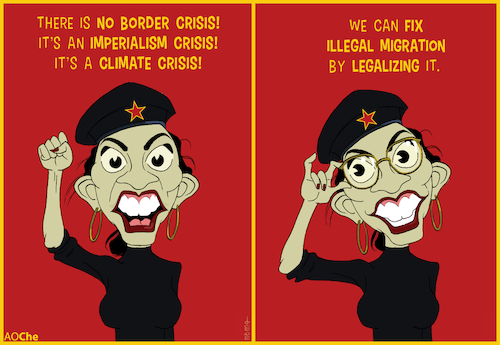 Cartoon: AOChe Border Fix (medium) by NEM0 tagged 2024,usa,us,washington,dc,congress,swamp,aoc,alexandria,ocasio,cortez,congresswoman,border,crisis,solution,fix,migration,undocumented,document,refugee,asylum,legalize,green,deal,climate,dem,democrat,progressive,socioal,uniparty,dhs,mayorkas,imperialism,socialism,communism,revolution,unvetted,illegal,aliens,migrant,caravans,che,guevara,nwo,globalism,wef,un,nemo