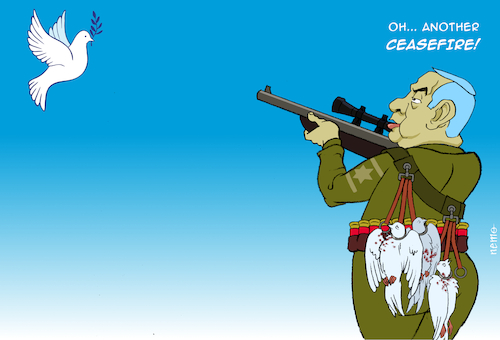 Cartoon: Ceasefire Dove Hunter Bibi (medium) by NEM0 tagged 2025,2024,us,washington,dc,congress,white,house,biden,blinken,zion,neocon,aipac,lobby,middle,east,mideast,west,asia,israel,tel,aviv,iaf,idf,un,security,council,netanyahu,likud,palestine,gaza,bank,jerusalem,hamas,hostages,prisoners,october,seven,united,nations,icj,icc,amnesty,international,genocide,lebanon,beirut,hezbollah,houtis,sanaa,ansar,allah,yemen,axis,resistance,iran,irgc,scope,rifle,hunt,olive,branch,dove,ceasefire,peace,nemo