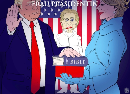 Cartoon: Frau Präsidentin (medium) by NEM0 tagged donald,trump,melania,hillary,clinton,usa,präsident,washington,demokratie,wahl,einweihung,nem0,nemo,donald,trump,melania,hillary,clinton,usa,präsident,washington,demokratie,wahl,einweihung,nem0,nemo