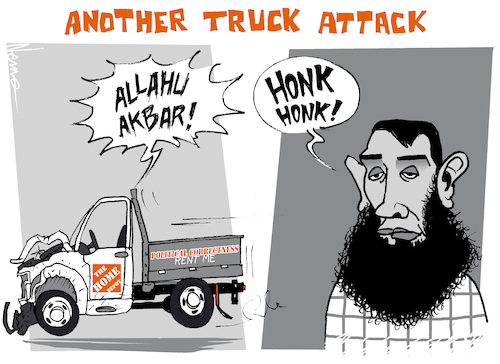 Cartoon: NY Truck Attack (medium) by NEM0 tagged new,york,truck,attack,gun,free,zone,immigration,vetting,terrorist,terrorism,war,on,terror,radical,islamist,home,depot,political,correctness,sayfullo,saipov,fbi,diversity,visa,is,isis,islamic,state,new,york,truck,attack,gun,free,zone,immigration,vetting,terrorist,terrorism,war,on,terror,radical,islamist,home,depot,political,correctness,sayfullo,saipov,fbi,diversity,visa,is,isis,islamic,state