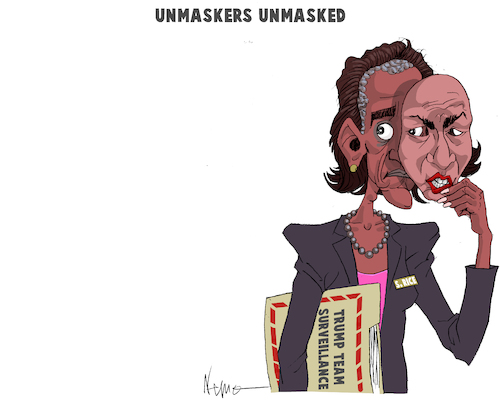 Cartoon: UNMASKED (medium) by NEM0 tagged barack,obama,susan,rice,trump,team,surveillance,spy,spying,russia,russian,investigation,mask,unmask,nemo,nem0,barack,obama,susan,rice,trump,team,surveillance,spy,spying,russia,russian,investigation,mask,unmask