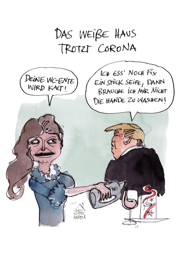 Cartoon: Das weiße Haus trotzt Corona (medium) by Koppelredder tagged trump,melaniatrump,weißeshaus,corona,covid19,desinfektionsmittel,wcente,seife,händewaschen,trump,melaniatrump,weißeshaus,corona,covid19,desinfektionsmittel,wcente,seife,händewaschen