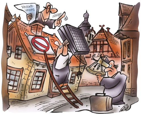 Cartoon: Altstadtsatzung vs PV-Anlagen (medium) by HSB-Cartoon tagged altstadtsatzung,pv,anlagen,altstsadt,historie,historischer,stadtkern,solaranlage,solarpanell,energiegewinnung,alternativstrom,ökologie,stadtentwicklung,verwaltung,gesetz,altstadtsatzung,pv,anlagen,altstsadt,historie,historischer,stadtkern,solaranlage,solarpanell,energiegewinnung,alternativstrom,ökologie,stadtentwicklung,verwaltung,gesetz