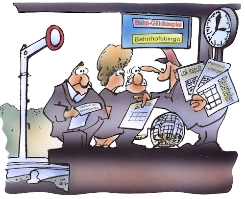 Cartoon: Bahnhofsbingo (medium) by HSB-Cartoon tagged db,deutsche,bahn,zug,zugverkehr,bahnhof,zugverspätung,zugausfall,lok,bahnsteig,fahrgast,pendler,bahnfahrer,öpnv,schaffner,bahnverbindung,pünklich,pünklichkeit,fahrgäste,zugabteil,elok,regionalbahn,ic,ice,schienenersatzverkehr,db,deutsche,bahn,zug,zugverkehr,bahnhof,zugverspätung,zugausfall,lok,bahnsteig,fahrgast,pendler,bahnfahrer,öpnv,schaffner,bahnverbindung,pünklich,pünklichkeit,fahrgäste,zugabteil,elok,regionalbahn,ic,ice,schienenersatzverkehr