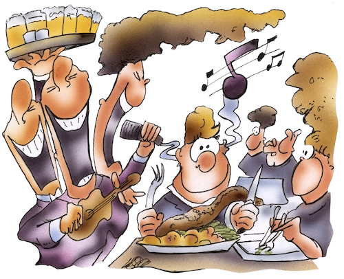 Cartoon: Erlebnisgastronomie (medium) by HSB-Cartoon tagged restaurant,erlebnisgastronomie,gaststätte,gasthaus,gastwirt,wirtschaft,lokal,essen,gehen,liveband,livemusik,gaumenschmauss,ohrenschmauss,speisekarte,restaurantbesucher,kulinarisch,karrikatur,karikatur,speiselokal,restaurant,erlebnisgastronomie,gaststätte,gasthaus,gastwirt,wirtschaft,lokal,essen,gehen,liveband,livemusik,gaumenschmauss,ohrenschmauss,speisekarte,restaurantbesucher,kulinarisch,karrikatur,karikatur,speiselokal