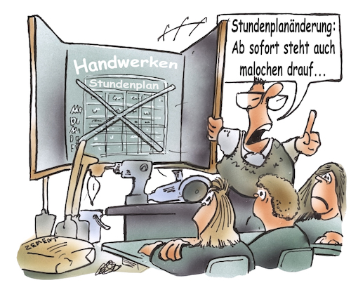 Cartoon: Handwerk auf dem Lehrplan (medium) by HSB-Cartoon tagged handwerkermangel,handwerker,arbeit,maloche,maurer,beruf,berufswahl,schule,schulausbildung,handwerkerlehrer,lehrplan,stundenplan,arbeitsförderung,schulunterricht,unterrichtsfach,handwerksberuf,studieren,lehre,handwerkermangel,handwerker,arbeit,maloche,maurer,beruf,berufswahl,schule,schulausbildung,handwerkerlehrer,lehrplan,stundenplan,arbeitsförderung,schulunterricht,unterrichtsfach,handwerksberuf,studieren,lehre