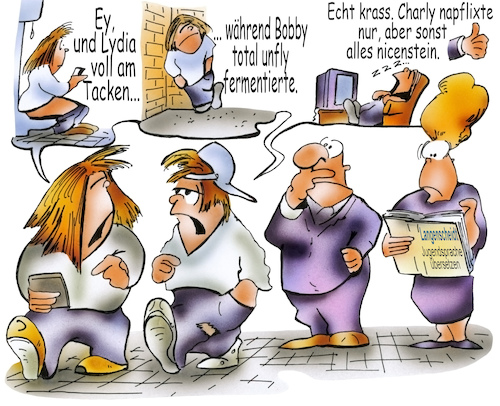 Cartoon: Jugendsprache (medium) by HSB-Cartoon tagged airbrush,ausdrucksweise,bims,deutsch,deutschunterricht,duden,fermentieren,generation,generationen,hsb,hsbcartoon,jugend,jugendlich,jugendsprache,karikatur,kommunikation,konflikt,langenscheidt,lokalkarikatur,lösung,napflix,neuschöpfung,nicenstein,problem,rätsel,sprache,sprachgebrauch,sprechen,tacken,unfly,verstehen,verständnis,verständnisprobleme,vong,wörter,wörterbuch,übersetzung,airbrush,ausdrucksweise,bims,deutsch,deutschunterricht,duden,fermentieren,generation,generationen,hsb,hsbcartoon,jugend,jugendlich,jugendsprache,karikatur,kommunikation,konflikt,langenscheidt,lokalkarikatur,lösung,napflix,neuschöpfung,nicenstein,problem,rätsel,sprache,sprachgebrauch,sprechen,tacken,unfly,verstehen,verständnis,verständnisprobleme,vong,wörter,wörterbuch,übersetzung