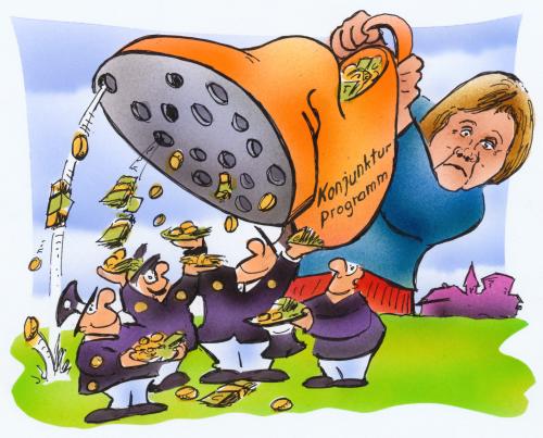 Cartoon: Konjunkturprogramm (medium) by HSB-Cartoon tagged konjunkturprogramm,politik,merkel,politiker,schulden,geld,aufschwung,krise,flaute,binnenmarkt,markt,wirtschaft,konjunkturprogramm,politik,merkel,politiker,schulden,geld,aufschwung,krise,flaute,binnenmarkt,markt,wirtschaft