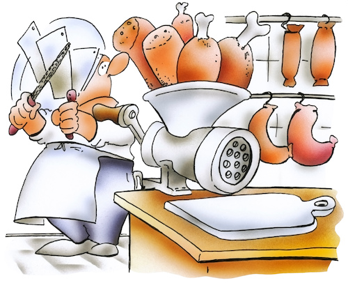 Cartoon: Metzgerei (medium) by HSB-Cartoon tagged butcher,bacon,sausages,pork,beef,ham,mince,fillet,steak,rumpsteak,sirloin,rib,chop,metzger,metzgerei,fleisch,fleischerei,fleischerhandwerk,knife,messer,schlachter,schlachthaus,fleischwolf,braten,wurst,wurstware,lebensmittel,lebensmittelhandel,fleischerfach,einzelhandel,einzelhändler,kotlett,schnitzel,würstchen,rindfleisch,schweinefleisch,regional,qualitätsfleisch,biofleisch,hähnchen,hähnchenfleisch,pute,chicken,turkey,cartoon,cartoonist,airbrush,butcher,bacon,sausages,pork,beef,ham,mince,fillet,steak,rumpsteak,sirloin,rib,chop,metzger,metzgerei,fleisch,fleischerei,fleischerhandwerk,knife,messer,schlachter,schlachthaus,fleischwolf,braten,wurst,wurstware,lebensmittel,lebensmittelhandel,fleischerfach,einzelhandel,einzelhändler,kotlett,schnitzel,würstchen,rindfleisch,schweinefleisch,regional,qualitätsfleisch,biofleisch,hähnchen,hähnchenfleisch,pute,chicken,turkey,cartoon,cartoonist,airbrush