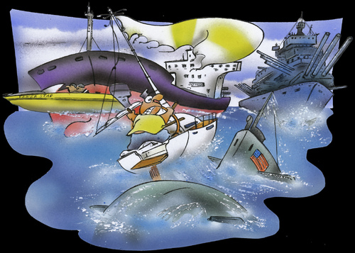 Cartoon: surrounded by ships (medium) by HSB-Cartoon tagged airbrush,hsb,caricature,cartoon,water,runningboat,uboat,tanker,sailingboat,sailing,navy,boat,ship,illustration,boot,meer,see,wasser,fischer,gefahr,tanker,seemann,segeln,segelboot