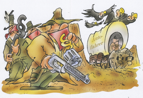 Cartoon: Wegelagerei (medium) by HSB-Cartoon tagged maut,verkehr,verkehrsminister,ministerium,verkehrsteilnehmer,wilder,westen,wegelagerer,zoll,waffe,gun,cowboy,bandit,gangster,treck,autofahrer,airbrush,cartoon,airbrushkarikatur,maut,verkehr,verkehrsminister,ministerium,verkehrsteilnehmer,wilder,westen,wegelagerer,zoll,waffe,gun,cowboy,bandit,gangster,treck,autofahrer,airbrush,cartoon,airbrushkarikatur