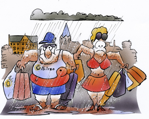 Cartoon: zurück aus dem Urlaub (medium) by HSB-Cartoon tagged urlaub,ferien,ferienende,urlauber,cartoon,karikatur,airbrush,urlaub,ferien,ferienende,urlauber,erholung,regen,klima,wetter