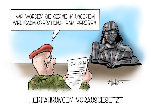 Cartoon: ... Erfahrungen vorausgesetzt (medium) by Mirco Tomicek tagged weltraum,weltraumoperationszentrum,operationszentrum,sicherheit,air,and,space,operations,center,asoc,bundeswehr,militär,annegret,kramp,karrenbauer,luftwaffe,dienst,uedem,nrw,satelliten,störungen,satellit,weltraumschrott,schrott,weltall,umlaufbahn,asteroiden,fliegen,cartoon,karikatur,mirco,tomicek,weltraum,weltraumoperationszentrum,operationszentrum,sicherheit,air,and,space,operations,center,asoc,bundeswehr,militär,annegret,kramp,karrenbauer,luftwaffe,dienst,uedem,nrw,satelliten,störungen,satellit,weltraumschrott,schrott,weltall,umlaufbahn,asteroiden,fliegen,cartoon,karikatur,mirco,tomicek