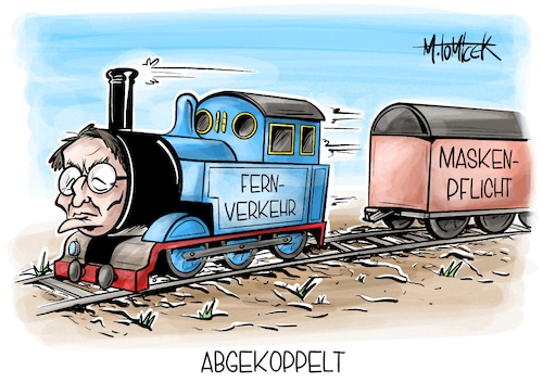 Cartoon: Abgekoppelt (medium) by Mirco Tomicek tagged gesundheitsminister,karl,lauterbach,ende,maskenpflicht,fernverkehr,masken,pflicht,zug,züge,bahn,verkehr,corona,maßnahmen,schutzmaßnahmen,virus,gesundheit,thomas,die,lokomotive,cartoon,karikatur,pressekarikatur,mirco,tomicek,gesundheitsminister,karl,lauterbach,ende,maskenpflicht,fernverkehr,masken,pflicht,zug,züge,bahn,verkehr,corona,maßnahmen,schutzmaßnahmen,virus,gesundheit,thomas,die,lokomotive,cartoon,karikatur,pressekarikatur,mirco,tomicek