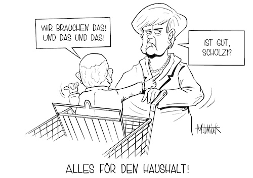 Cartoon: Alles für den Haushalt! (medium) by Mirco Tomicek tagged angela,merkel,olaf,scholz,kanzlerin,bundeskanzlerin,finanzminister,generaldebatte,debatte,bund,bundestag,haushalt,haushaltsplan,hilfsprogramm,klimaschutz,verschuldung,schulden,2021,corona,covid19,karikatur,cartoon,mirco,tomicek,angela,merkel,olaf,scholz,kanzlerin,bundeskanzlerin,finanzminister,generaldebatte,debatte,bund,bundestag,haushalt,haushaltsplan,hilfsprogramm,klimaschutz,verschuldung,schulden,2021,corona,covid19,karikatur,cartoon,mirco,tomicek