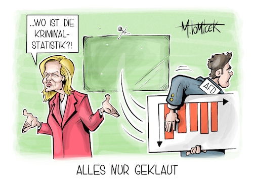 Cartoon: Alles nur geklaut (medium) by Mirco Tomicek tagged nancy,faeser,kriminalstatistik,kriminal,statistik,kriminalität,gewalt,gewaltkriminalität,delikte,afd,umfragewerte,wähler,karikatur,pressekarikatur,cartoon,mirco,tomicek,nancy,faeser,kriminalstatistik,kriminal,statistik,kriminalität,gewalt,gewaltkriminalität,delikte,afd,umfragewerte,wähler,karikatur,pressekarikatur,cartoon,mirco,tomicek