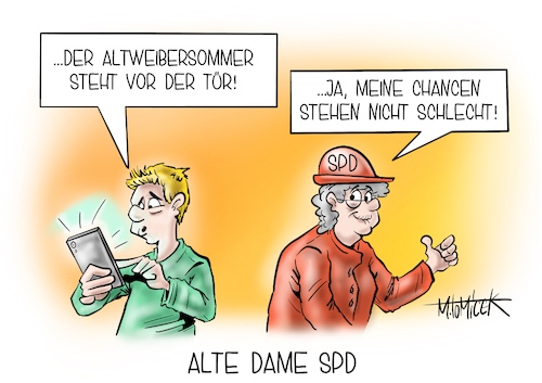 Cartoon: Alte Dame SPD (medium) by Mirco Tomicek tagged altweibersommer,altweiber,herbst,herbstanfang,sommer,sommerende,ende,oktober,wetter,kaltes,spd,olaf,scholz,wahl,bundestagswahl,wahlkampf,bundestagswahlkampf,umfragen,umfragewerte,wahlen,cartoon,karikatur,pressekarikatur,mirco,tomicek,altweibersommer,altweiber,herbst,herbstanfang,sommer,sommerende,ende,oktober,wetter,kaltes,spd,olaf,scholz,wahl,bundestagswahl,wahlkampf,bundestagswahlkampf,umfragen,umfragewerte,wahlen,cartoon,karikatur,pressekarikatur,mirco,tomicek