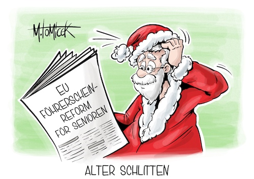 Cartoon: Alter Schlitten (medium) by Mirco Tomicek tagged verkehr,verkehrsminister,reform,führerschein,senioren,fahranfänger,fahren,kfz,auto,straße,unfall,autofahren,führerscheinreform,führerscheinrichtlinien,ältere,menschen,junge,weihnachten,weihnachtsmann,cartoon,karikatur,pressekarikatur,mirco,tomicek,verkehr,verkehrsminister,reform,führerschein,senioren,fahranfänger,fahren,kfz,auto,straße,unfall,autofahren,führerscheinreform,führerscheinrichtlinien,ältere,menschen,junge,weihnachten,weihnachtsmann,cartoon,karikatur,pressekarikatur,mirco,tomicek