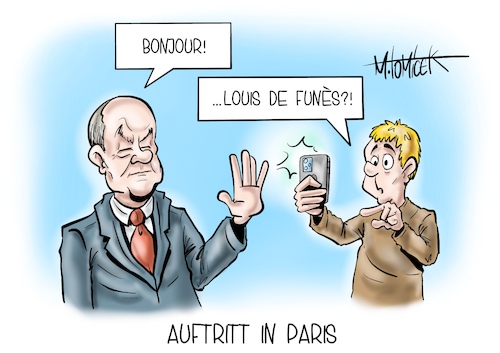 Cartoon: Auftritt in Paris (medium) by Mirco Tomicek tagged olaf,scholz,bundeskanzler,kanzler,antrittsbesuch,antritt,besuch,reise,reisen,erster,besucht,paris,frankreich,brüssel,regierung,louis,de,funes,cartoon,karikatur,pressekarikatur,mirco,tomicek,olaf,scholz,bundeskanzler,kanzler,antrittsbesuch,antritt,besuch,reise,reisen,erster,besucht,paris,frankreich,brüssel,regierung,louis,de,funes,cartoon,karikatur,pressekarikatur,mirco,tomicek