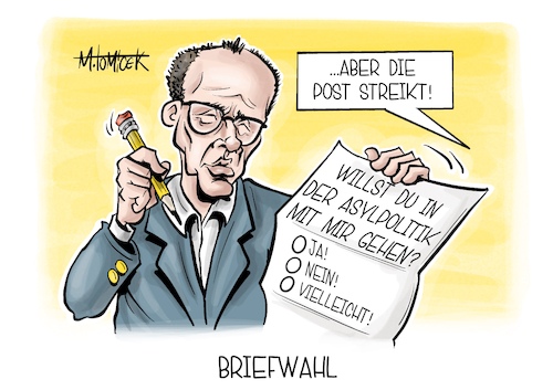 Cartoon: Briefwahl (medium) by Mirco Tomicek tagged verdi,post,poststreiks,streik,streiks,streiken,briefe,pakete,postbote,brief,briefwahl,neuwahl,neuwahlen,wahl,friedrich,merz,migration,asyl,migrationspolitik,asylpolitik,asylpläne,brandmauer,afd,cartoon,karikatur,pressekarikatur,mirco,tomicek,verdi,post,poststreiks,streik,streiks,streiken,briefe,pakete,postbote,brief,briefwahl,neuwahl,neuwahlen,wahl,friedrich,merz,migration,asyl,migrationspolitik,asylpolitik,asylpläne,brandmauer,afd,cartoon,karikatur,pressekarikatur,mirco,tomicek