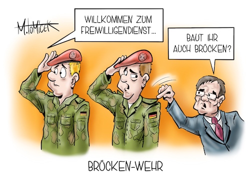 Cartoon: Brücken-Wehr (medium) by Mirco Tomicek tagged annegret,kramp,karrenbauer,bundeswehr,neuer,freiwilligendienst,dienst,freiwillig,bund,pandemie,heimatschutz,schutz,wehr,corona,brücken,lockdown,shutdown,brückenlockdown,brücke,virus,nachdenken,armin,laschet,cdu,csu,union,frage,kanzleramt,kanzlerkandidat,cartoon,karikatur,pressekarikatur,mirco,tomicek,annegret,kramp,karrenbauer,bundeswehr,neuer,freiwilligendienst,dienst,freiwillig,bund,pandemie,heimatschutz,schutz,wehr,corona,brücken,lockdown,shutdown,brückenlockdown,brücke,virus,nachdenken,armin,laschet,cdu,csu,union,frage,kanzleramt,kanzlerkandidat,cartoon,karikatur,pressekarikatur,mirco,tomicek