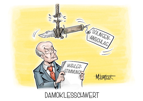 Cartoon: Damoklesschwert (medium) by Mirco Tomicek tagged olaf,scholz,solingen,attacke,anschlag,messer,angriff,abschiebung,asyl,waffenrecht,damoklesschwert,cartoon,karikatur,pressekarikatur,mirco,tomicek,olaf,scholz,solingen,attacke,anschlag,messer,angriff,abschiebung,asyl,waffenrecht,damoklesschwert,cartoon,karikatur,pressekarikatur,mirco,tomicek