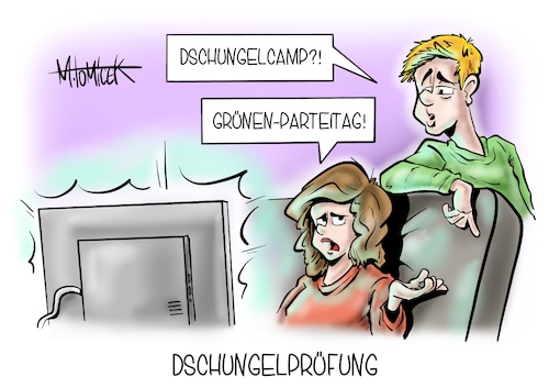 Cartoon: Dschungelprüfung (medium) by Mirco Tomicek tagged grünen,parteitag,grüne,partei,tag,führung,führungswechsel,vorsitz,vorsitzende,spitze,parteispitze,nachfolger,nachfolge,annalena,baerbock,robert,habeck,führungsduo,umwelt,klima,dschungel,dschungelcamp,camp,dschungelprüfung,digital,cartoon,karikatur,pressekarikatur,mirco,tomicek,grünen,parteitag,grüne,partei,tag,führung,führungswechsel,vorsitz,vorsitzende,spitze,parteispitze,nachfolger,nachfolge,annalena,baerbock,robert,habeck,führungsduo,umwelt,klima,dschungel,dschungelcamp,camp,dschungelprüfung,digital,cartoon,karikatur,pressekarikatur,mirco,tomicek